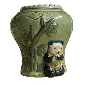 Vtg PANDA BAMBOO Green Ceramic vase planter